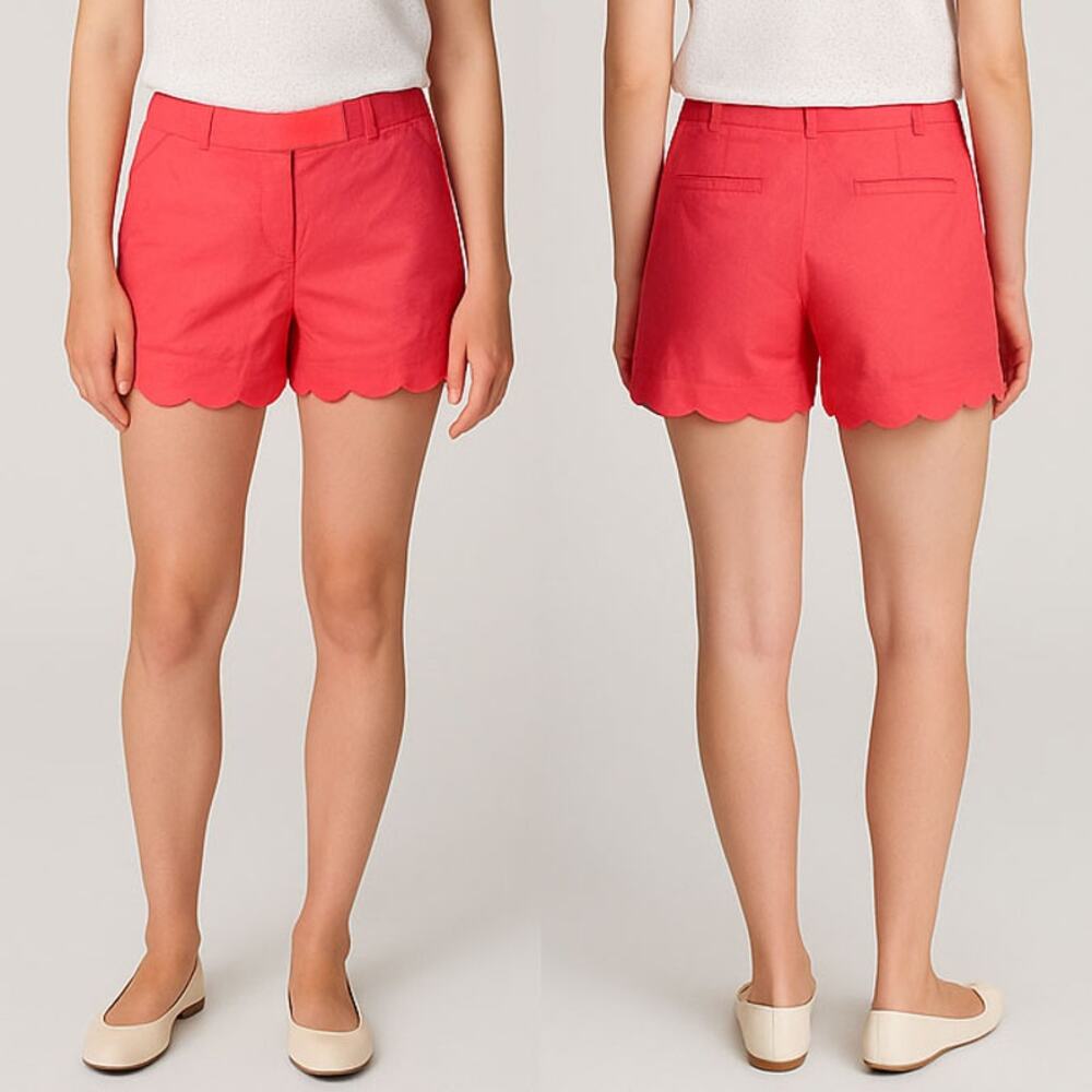 J Crew Scalloped Linen Cotton Blend Shorts With Pockets Sz 10 Coral